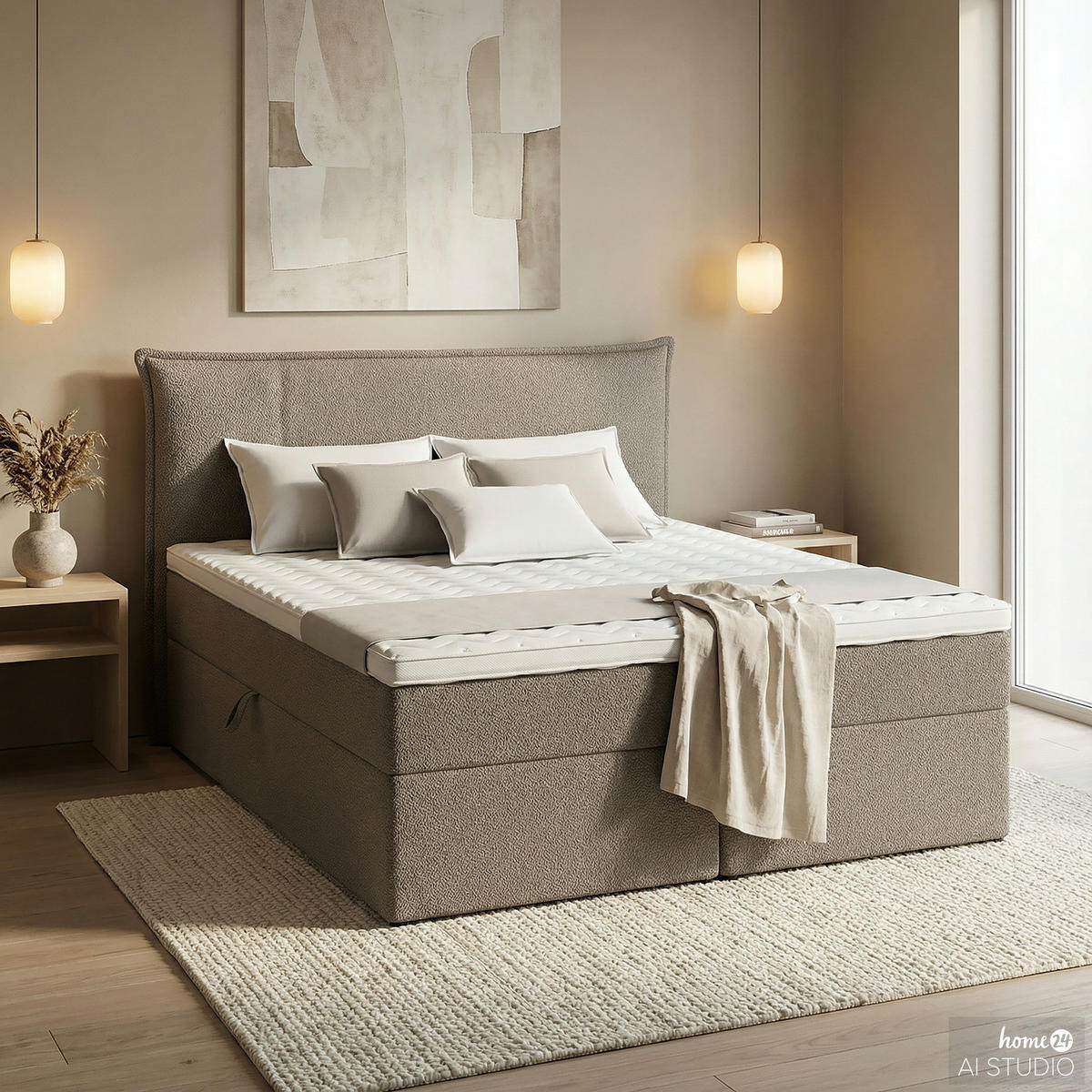 BOXBETT mit Stauraum - Bouclé - Grau, Holzwerkstoff/Textil (180/200cm) - home24