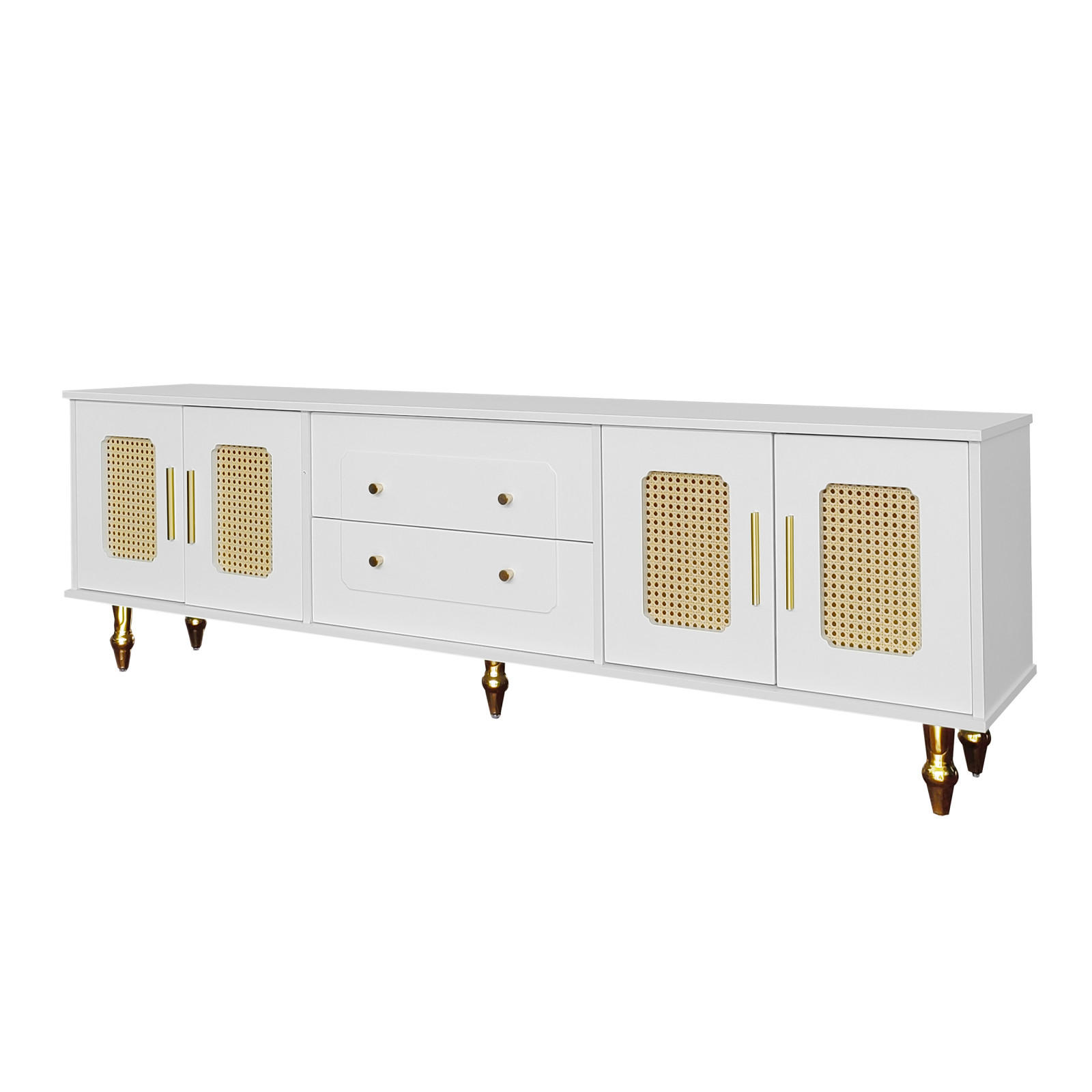 TV Lowboard Retro, 6 Fächer, Rattantür, goldene Griffe - Weiß, Holz (175/55/38cm)