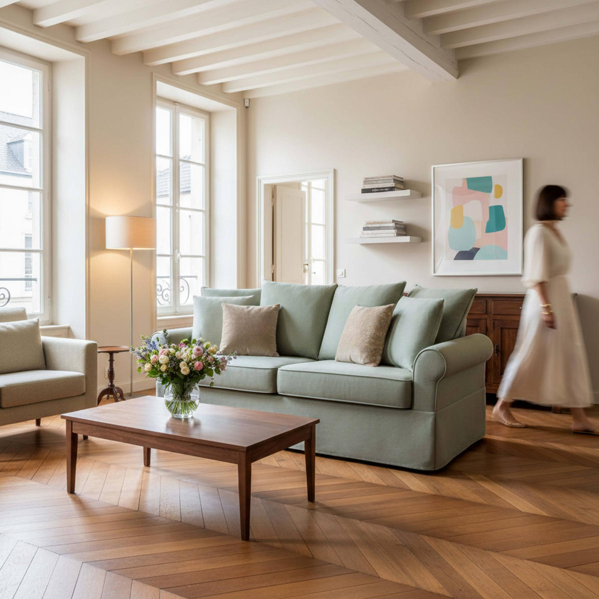 SOFA 3-Sitzer, Grau - Grün, Textil (200/92/84cm) - Oviala