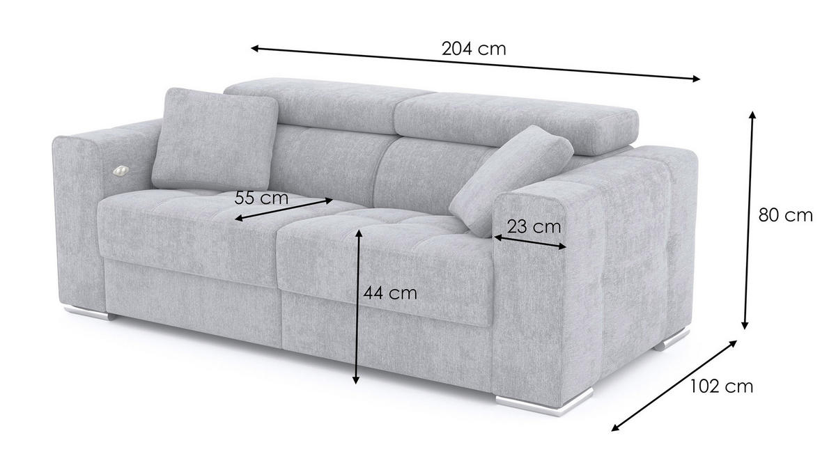 SOFA QUARTZ 3-Sitzer mit 2 Relaxfunktionen, dunkelgrau - Dunkelgrau/Silberfarben, Holzwerkstoff/Textil (204/80/102cm) - Courtois Laville