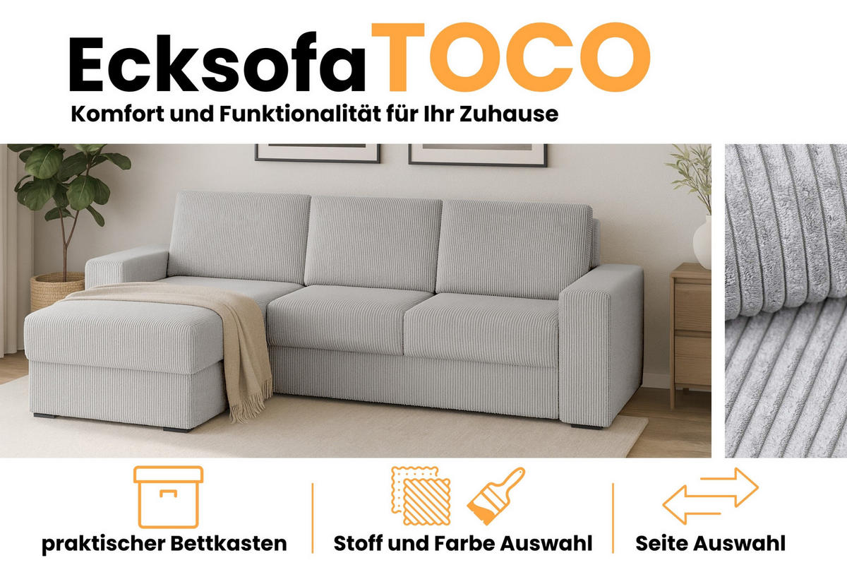 ECKSOFA TOCO L 240x145 cm in Cord Hellgrau links - Hellgrau, Holz/Holzwerkstoff (240/145cm) - Deine Möbel 24