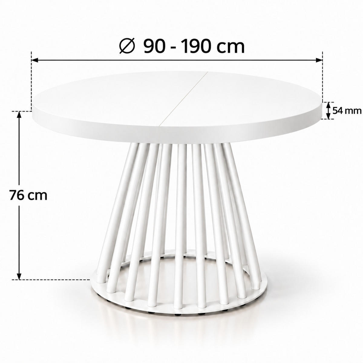 ESSTISCH rund ausziehbar 90/190/76 cm, Weiß, 54 cm Tischplatte + Lamellen-Metallgestell Weiß - Weiß, Holzwerkstoff/Metall (90/190/76cm) - Damale Möbel