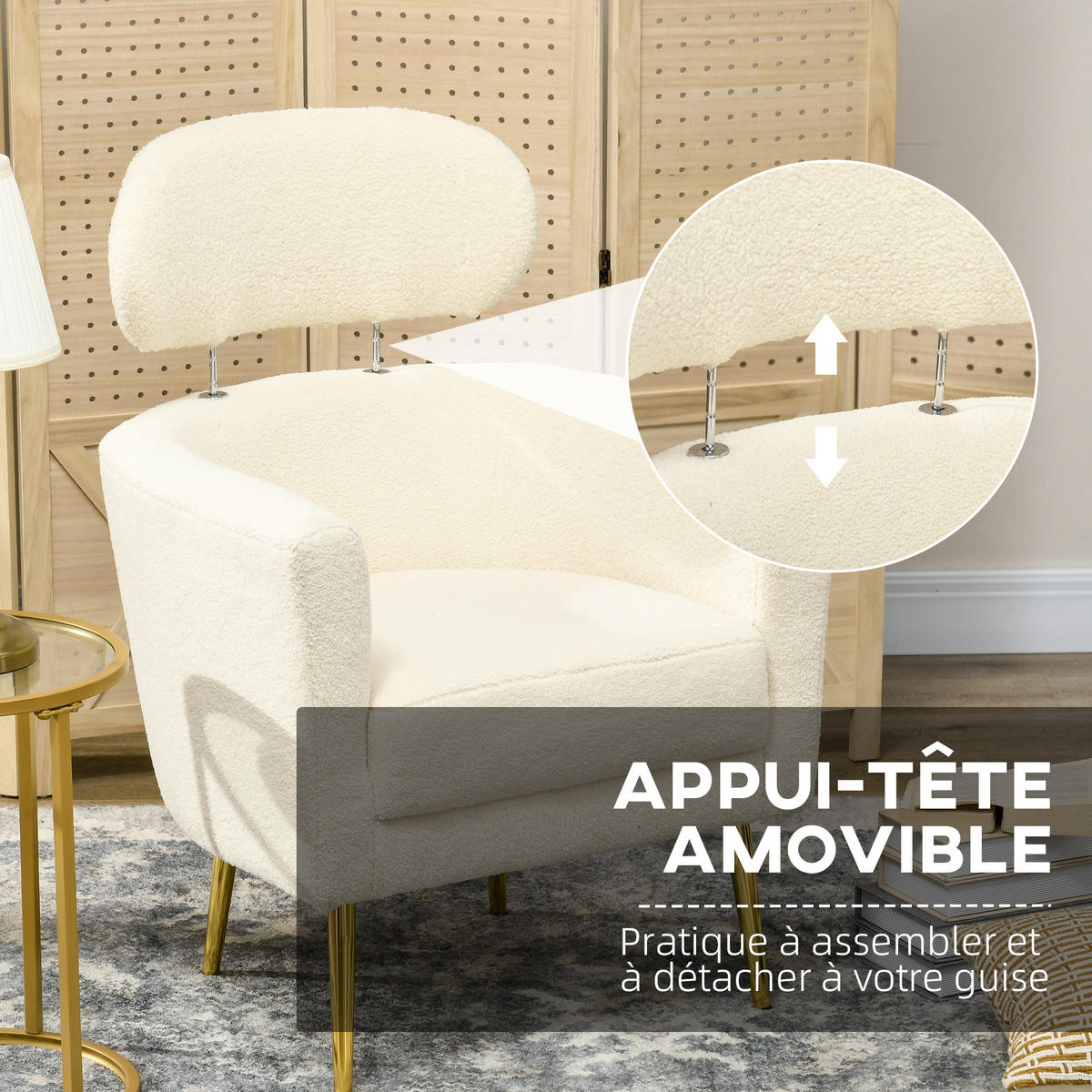 SESSEL DE-13456 mit abnehmbarer Kopfstütze, Teddyfell Creme - Creme, Textil (65/90/71cm) - ComfortXL