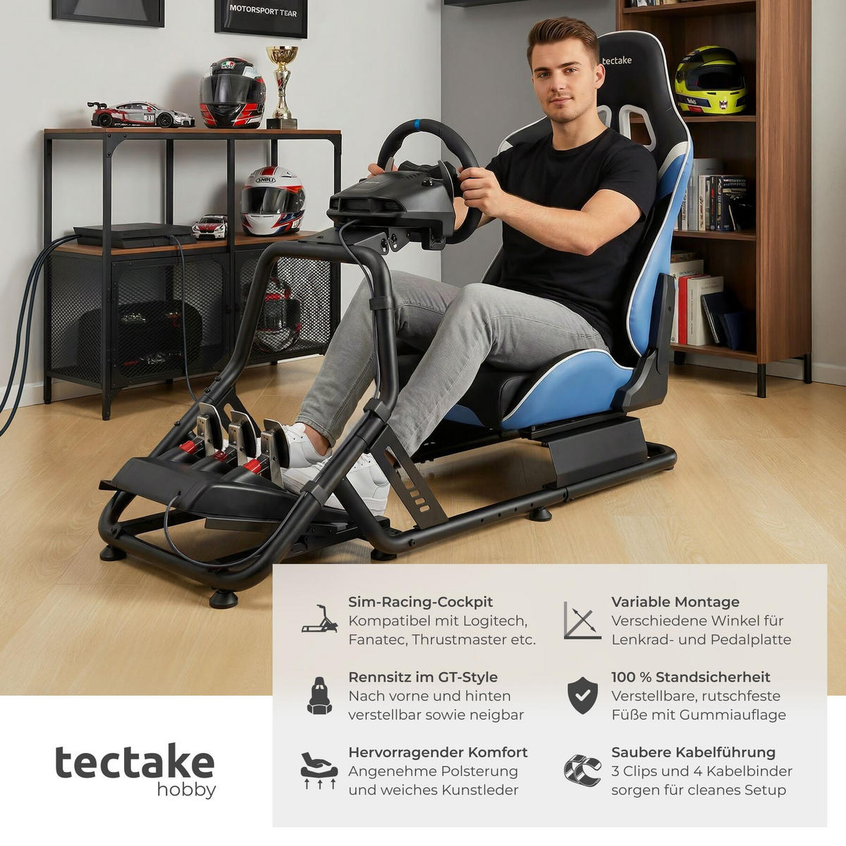 GAMINGSTUHL Play Racing-Cockpit, GT-Style, Logitech/Fanatec kompatibel, schwarz/azurblau,57 x 144 x 108,5 cm - Schwarz/Hellblau, Metall (57/62/220cm) - tectake