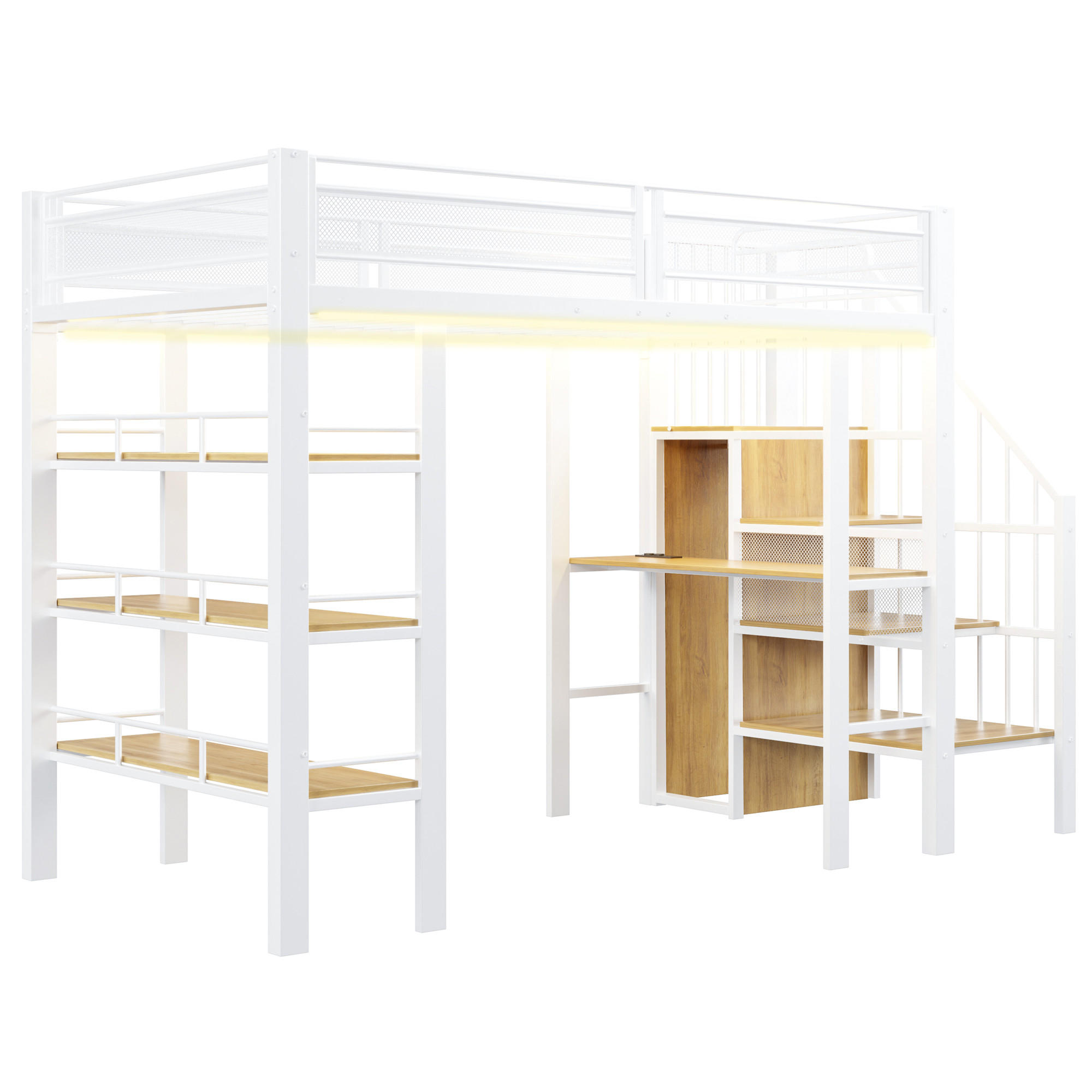 STILVORA HOCHBETT 90/200 cm in Weiß mit Regal, Schreibtisch, LED und Steckdose