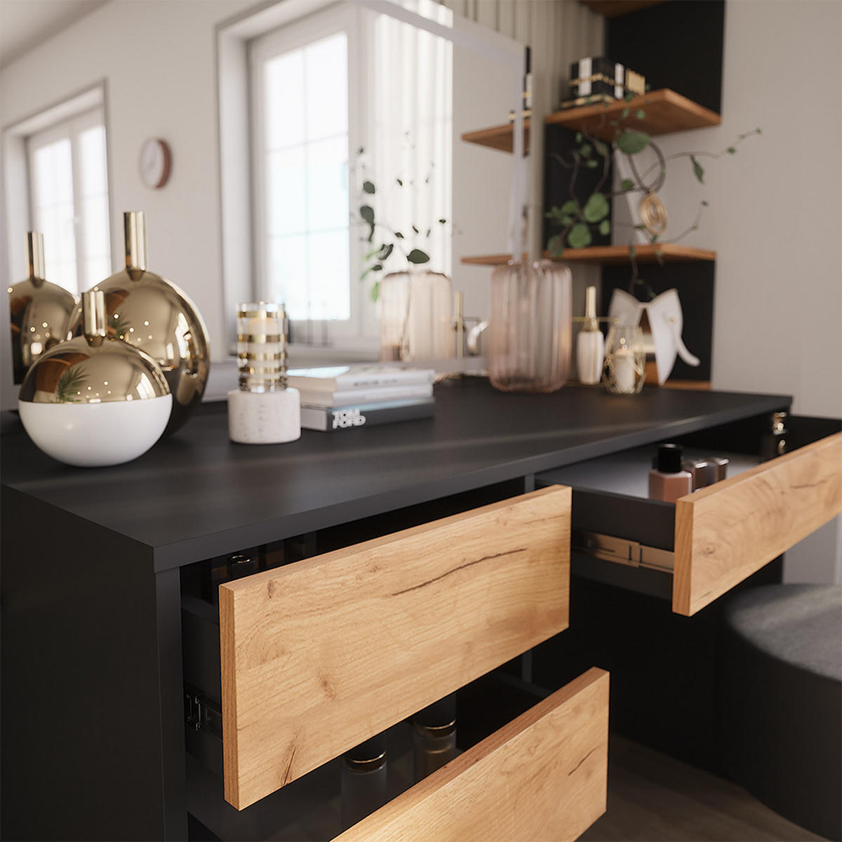 SCHMINKTISCH Sherry Anthrazit/Goldkraft Eiche 120 x 75 cm mit LED-Spiegel und Hocker - Honigeiche/Anthrazit, Holzwerkstoff (120/75/55cm) - Vicco