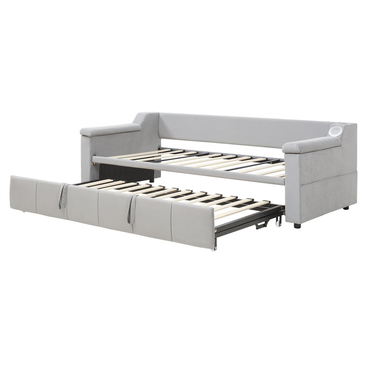 ROZKLÁDACÍ pohovka 90/190 cm šedá z veluru s Bluetooth a USB nabíjením - béžová, textil (90/190cm) - OKWISH