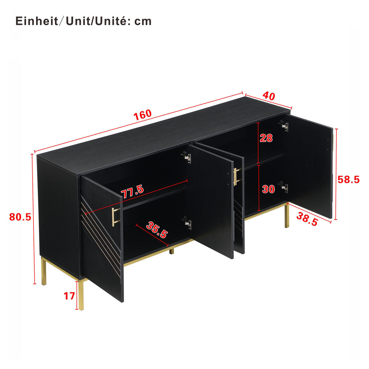 SIDEBOARD mit 4 Türen und höhenverstellbaren Einlegeböden, schwarzes MDF mit goldenen Metallakzenten, 160/40/80,5 cm, Schwarz + Holzmaserung - Schwarz, Holzwerkstoff (160/80.5/40cm) - Redom