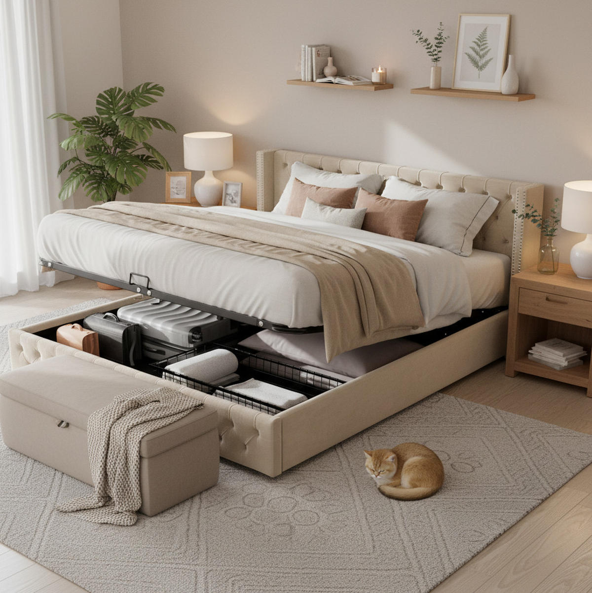 POLSTERBETT mit Bettkasten 160x200 cm Samt Beige - Beige, Metall (160/200cm) - Meubliv