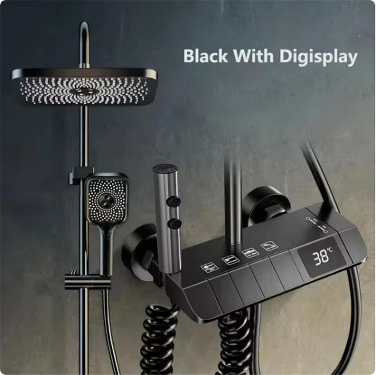 ÜBERKOPFBRAUSESET 4-Funktionen Digitalanzeige Kupfer Heiß Kalt Mischbatterie - Schwarz, Metall (21/110/30cm) - Bextcok