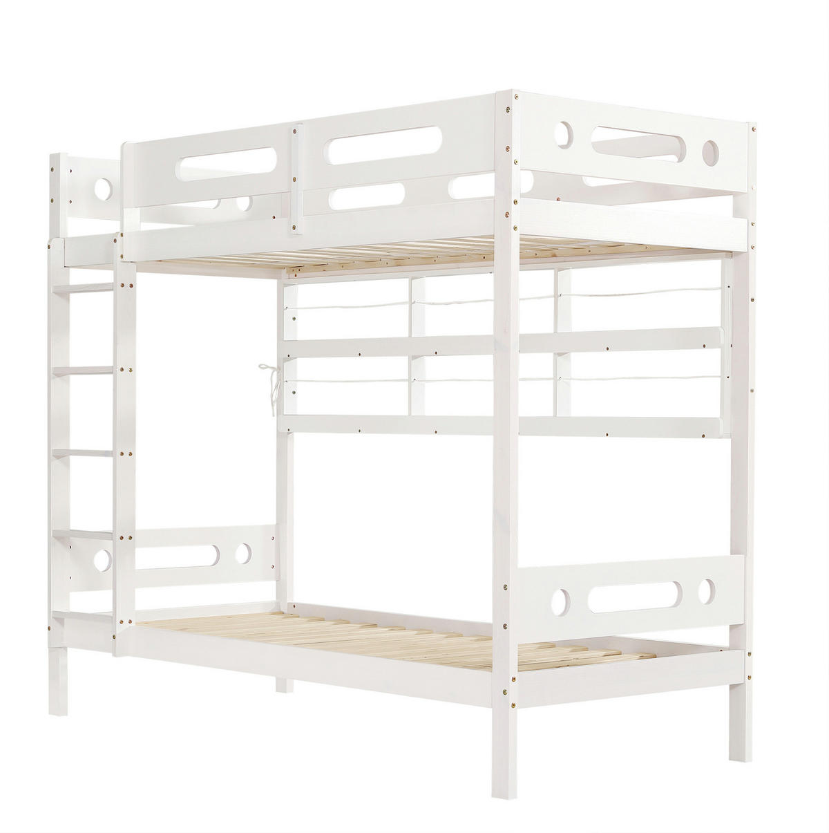 ETAGENBETT 90/200 cm aus Kiefernholz und MDF mit 5-stufiger Leiter, offenem Regal und Fallschutz, Weiß/Natur - Weiß, Holz (90/200cm) - Redom