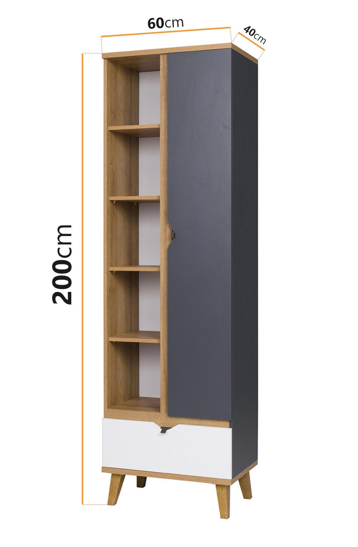 BÜCHERREGAL Aster R1D1SZ - Eichefarben/Graphitfarben, Holzwerkstoff/Kunststoff (60/200/40cm) - Ravio