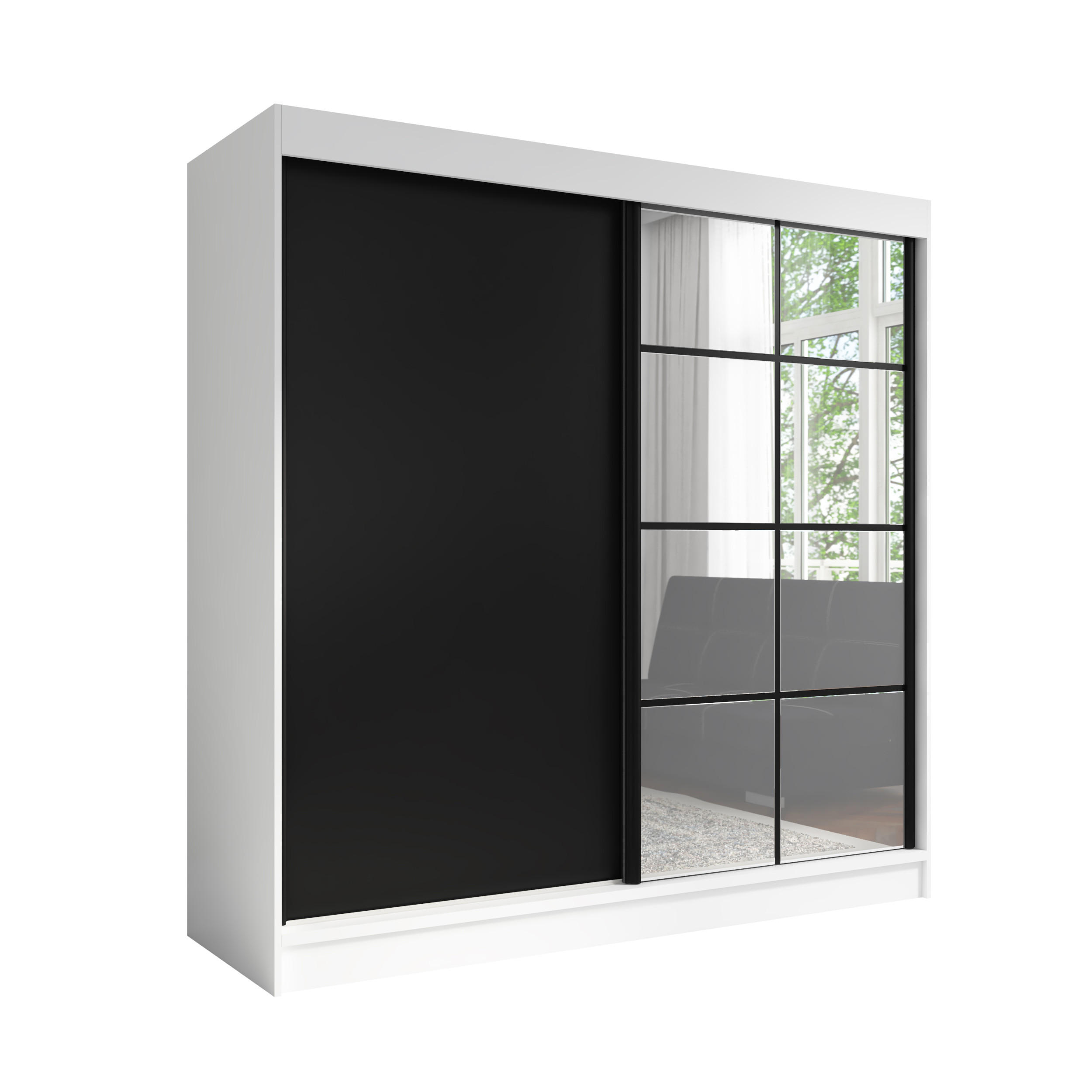 A&J MöbelLand Schwebetürenschrank Weiß, Schwarz 200x215x60 cm