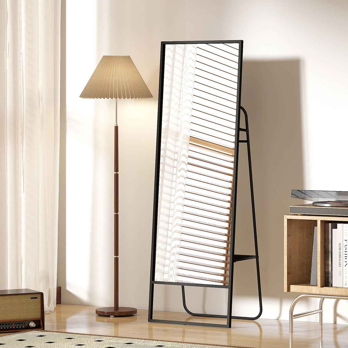 GANZKÖRPERSPIEGEL 157 x 50 cm Rechteckig Standspiegel mit Regal, 2 Haken Schwarz - Schwarz, Metall (38/157/50cm) - HOMCOM