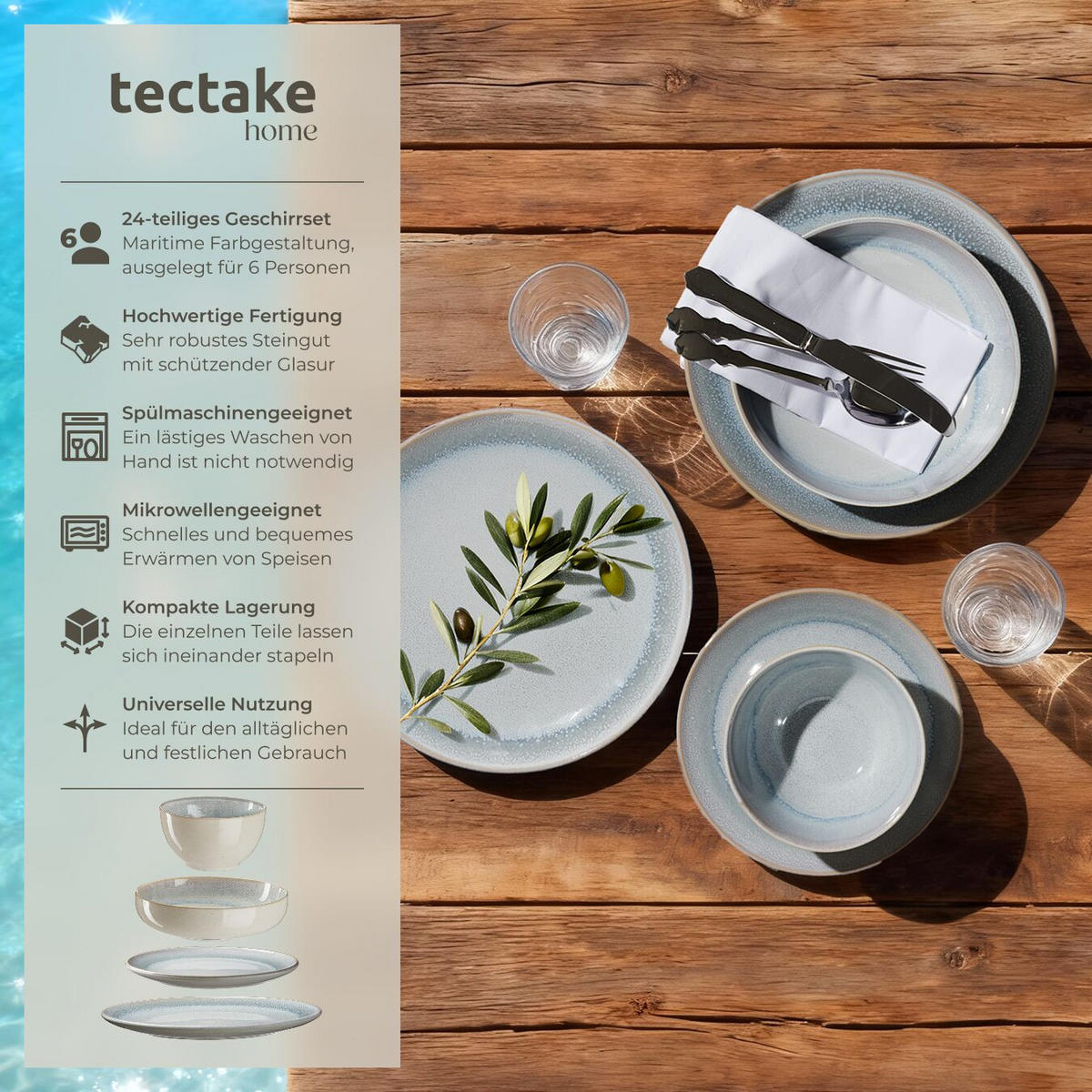 TAFELSERVICE Mare, ineinander stapelbar, Sand - Sandfarben, Keramik (26.5/2.5/26.5cm) - tectake