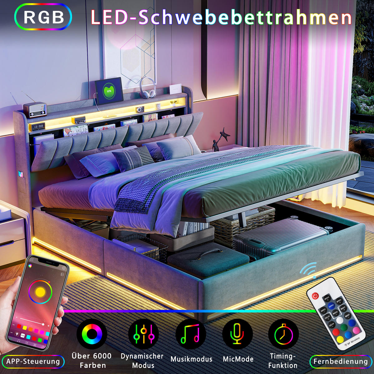 DOPPELBETT 160x200 cm mit Stauraum, LED & USB, gepolstert, Velours, grau - Grau, Metall (160/200cm)