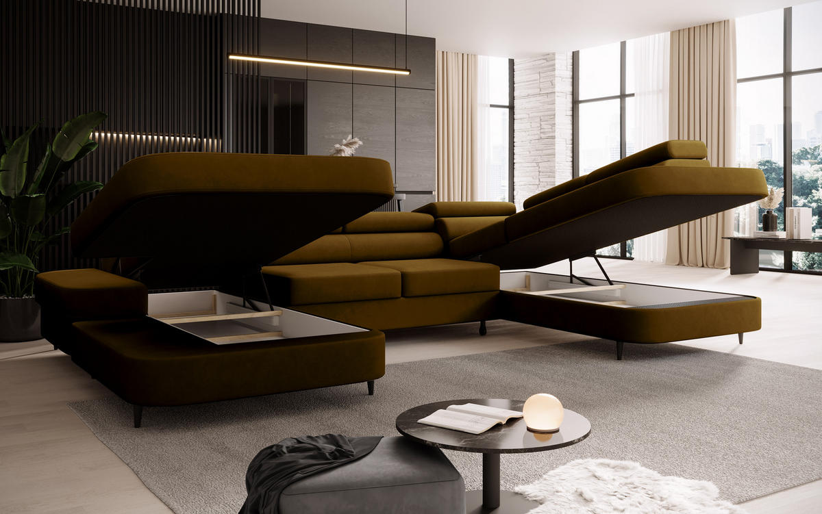 ECKSOFA U-Form PRIAM U Rechts mit Schlaffunktion 126x270 Velours Honig - Schwarz/Honig, Holz/Textil (203/91/350cm) - Muffo