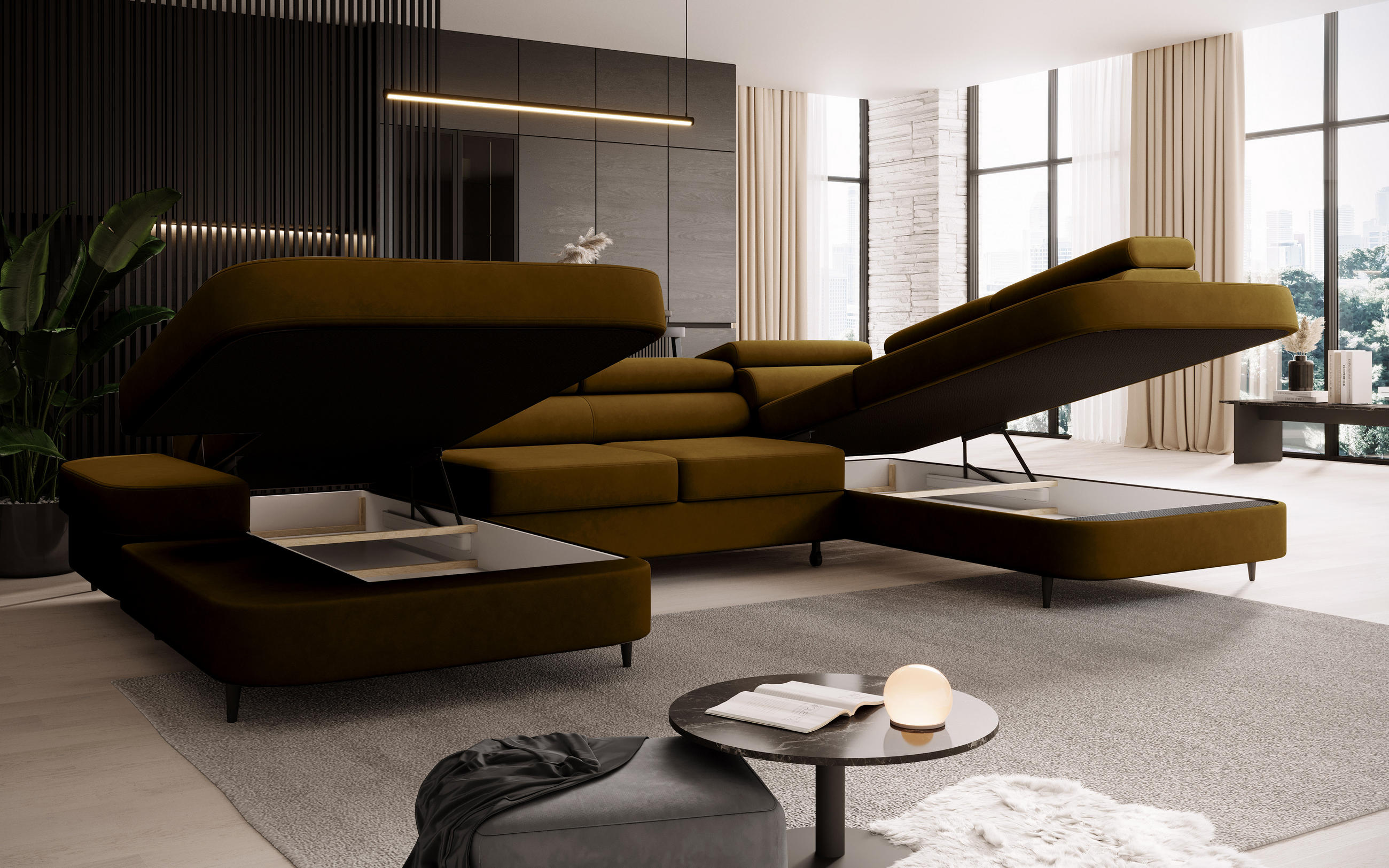 Thumbnail - Muffo Ecksofa, Honig, Holz, Ottomane links, 350x91x203 cm, Wohnzimmer, Sofas & Couches, Wohnlandschaften, Wohnlandschaft...