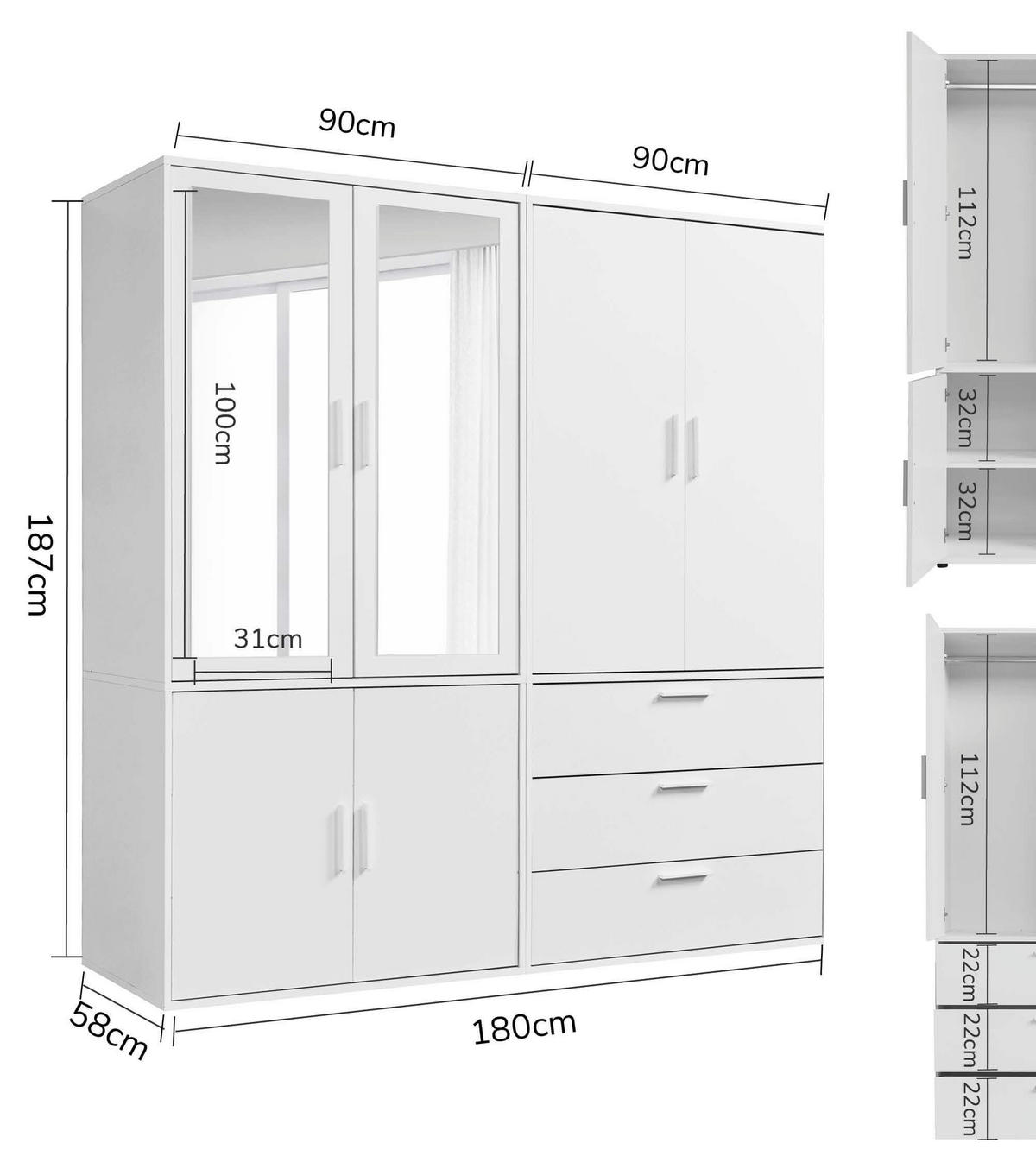 KLEIDERSCHRANK mit Spiegel Der Grenzenlose - Weiß, Holzwerkstoff (180/187/58cm) - Mokebo