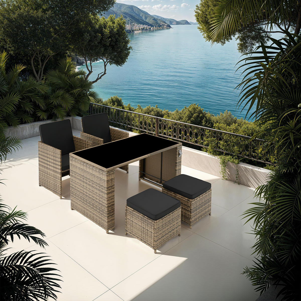 RATTAN SITZGRUPPE Palermo,inklusive Flaschenöffner, zusammenschiebbar,natur - Naturfarben, Kunststoff - tectake