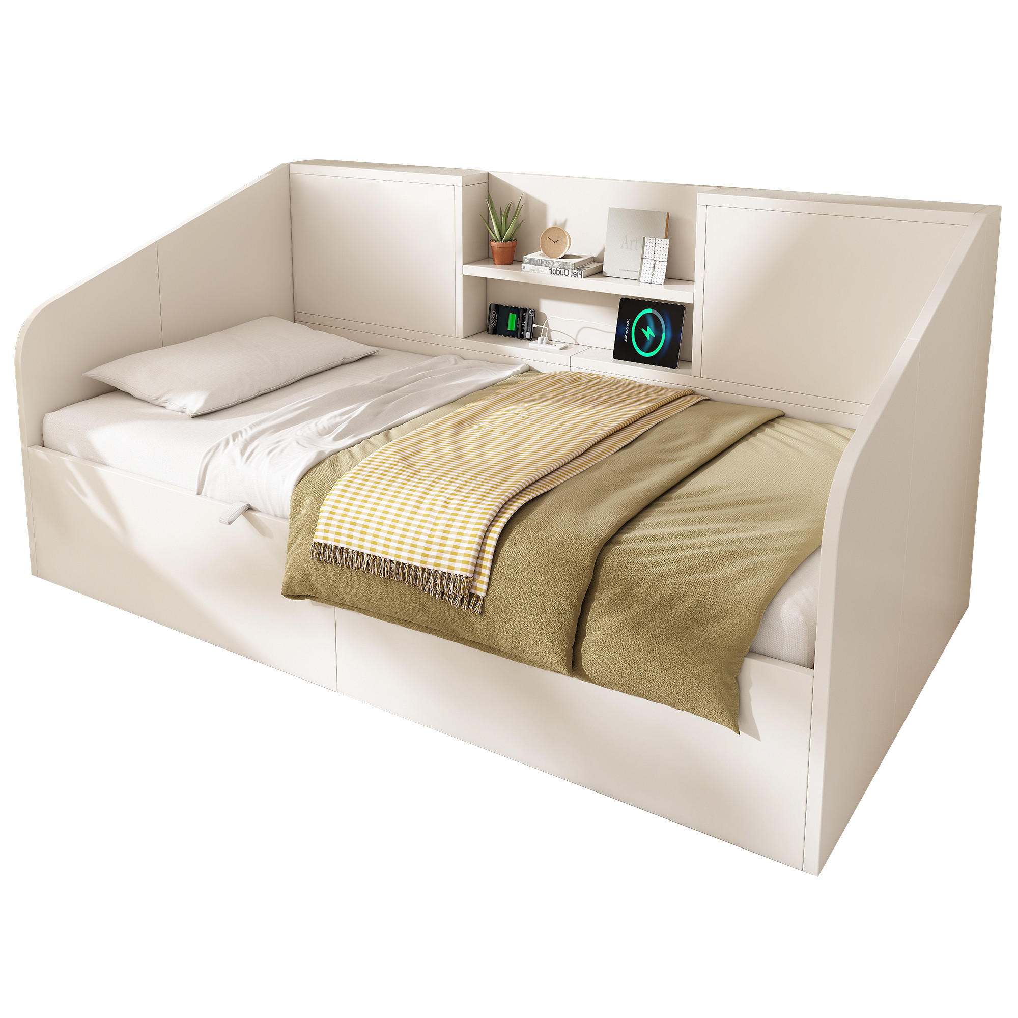 TAGESBETT 90/190 cm Weiß aus Massivholz mit Hydraulik-Stauraum - Weiß, Holzwerkstoff (90/190cm) - OKWISH