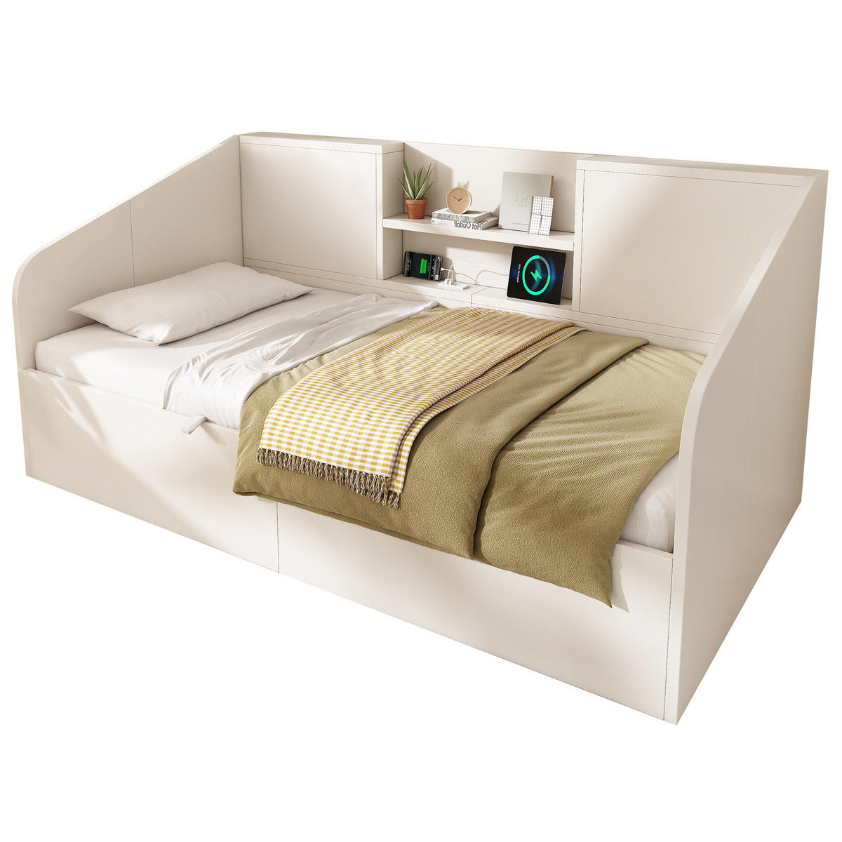 TAGESBETT 90/190 cm Weiß aus Massivholz mit Hydraulik-Stauraum - Weiß, Holzwerkstoff (90/190cm) - OKWISH