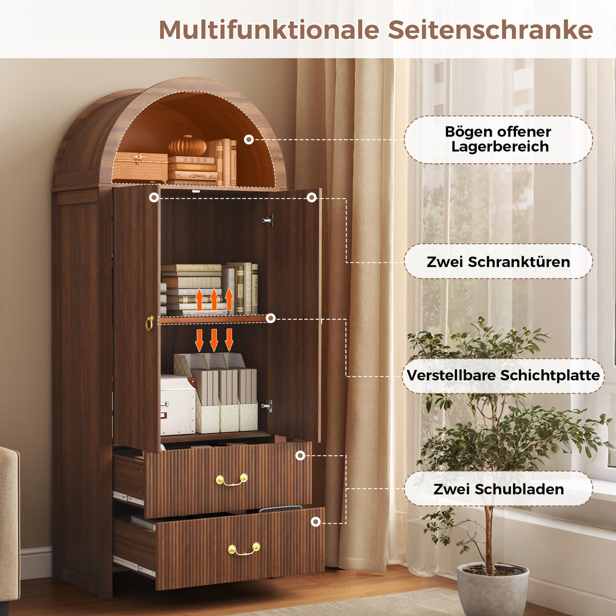 HOCHSCHRANK Nussbaum Bogen-Design mit APP-LED, 2 Türen & 2 Schubladen - Walnussfarben, Holzwerkstoff (76/180/38cm) - Urban Meuble