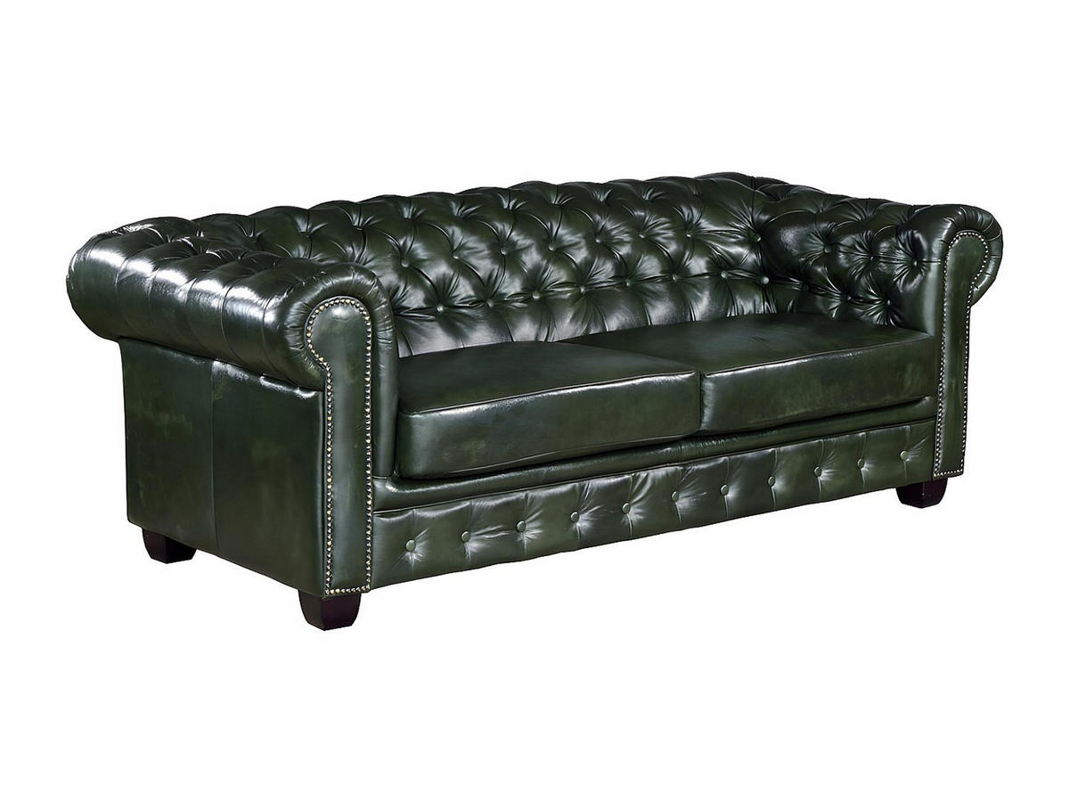 CHESTERFIELD Ledersofa 3-Sitzer - Büffelleder - Schwarzgrün - BRENTON - Grün, Leder (201/73/96cm) - Vente-Unique
