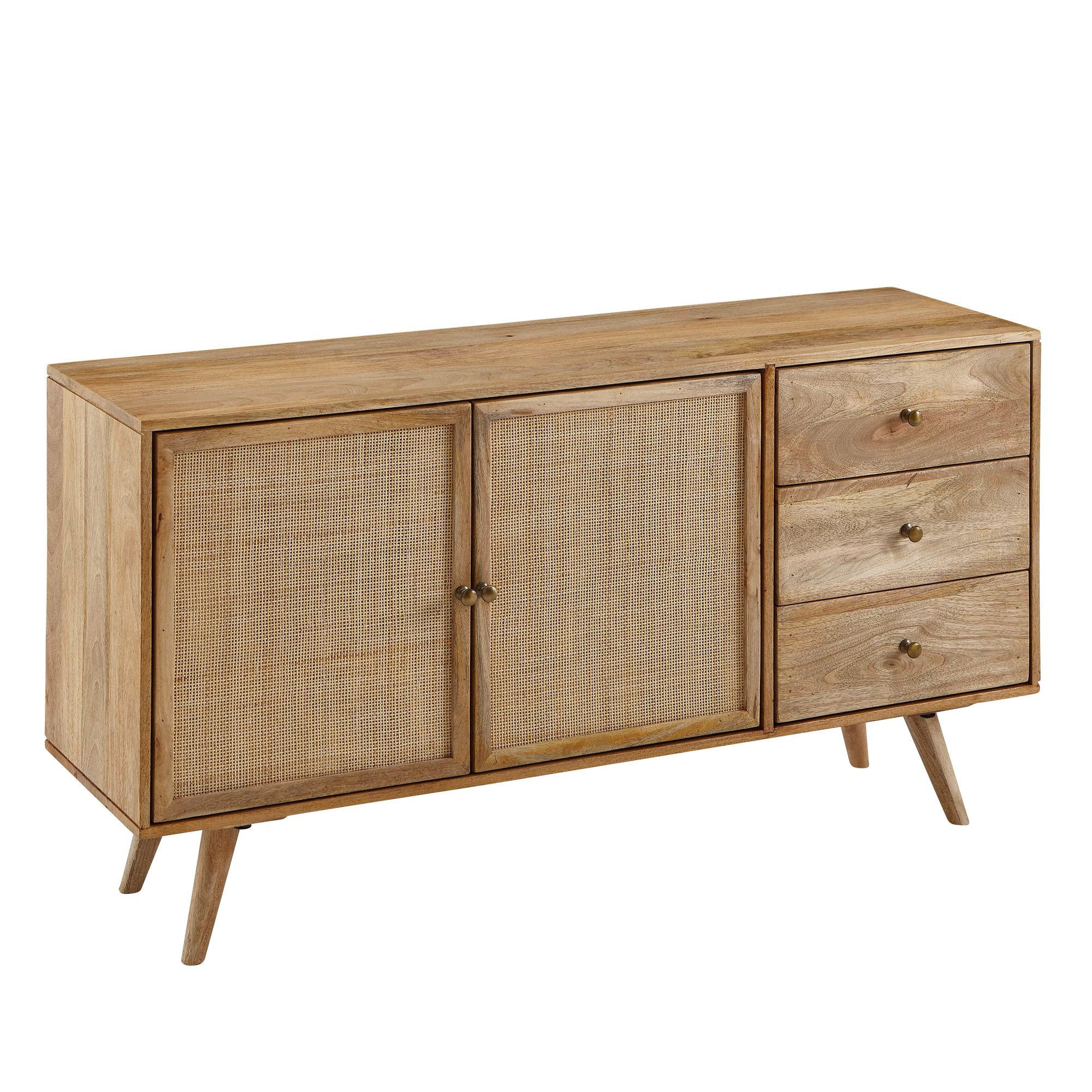 SIDEBOARD – Mango Massivholz/Rattan, 140x75x40 cm, 3 Schubladen, 2 Türen - Braun, Holz (140/75/40cm) - KADIMA DESIGN