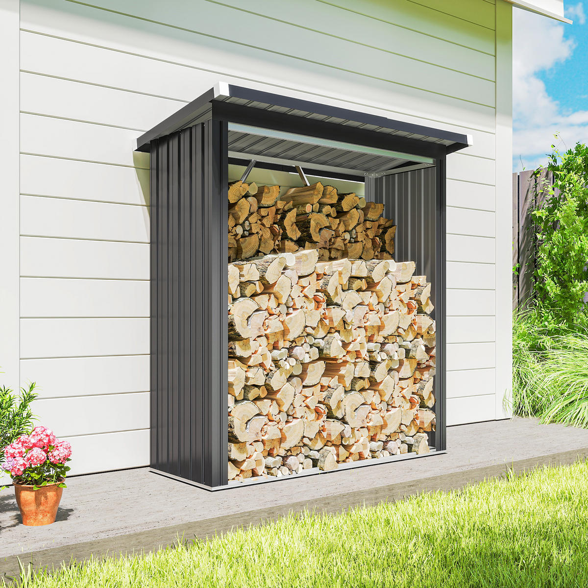 KAMINHOLZREGAL Außen Stahl 150 x 66,5 x 150 cm erhöhtes Brennholzregal Grau - Dunkelgrau, Metall (66.5/150/150cm) - Outsunny