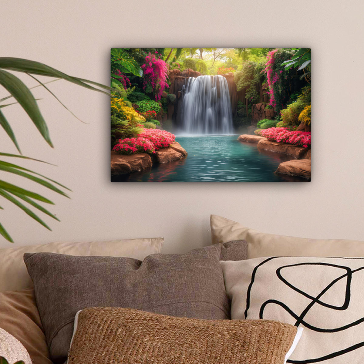 LEINWANDBILD Wasserfall - Natur - Pflanzen - Dschungel - Wasser 30x20 cm - Grün, Textil (30/20cm) - MuchoWow