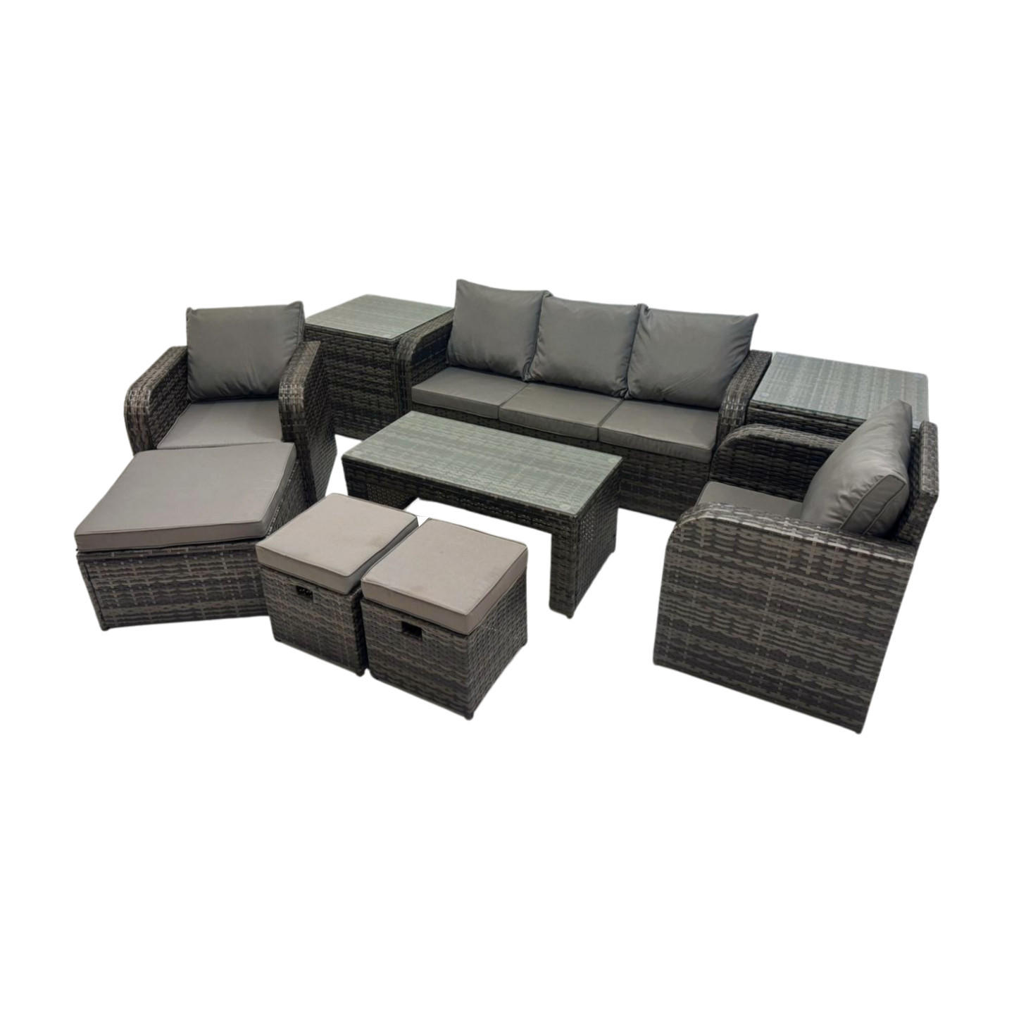 GARTENSOFA SET mit LIEGESTUHL Polyrattan 8-Sitzer Dunkelgrau - Dunkelgrau/Grau, Glas/Kunststoff - Fimous