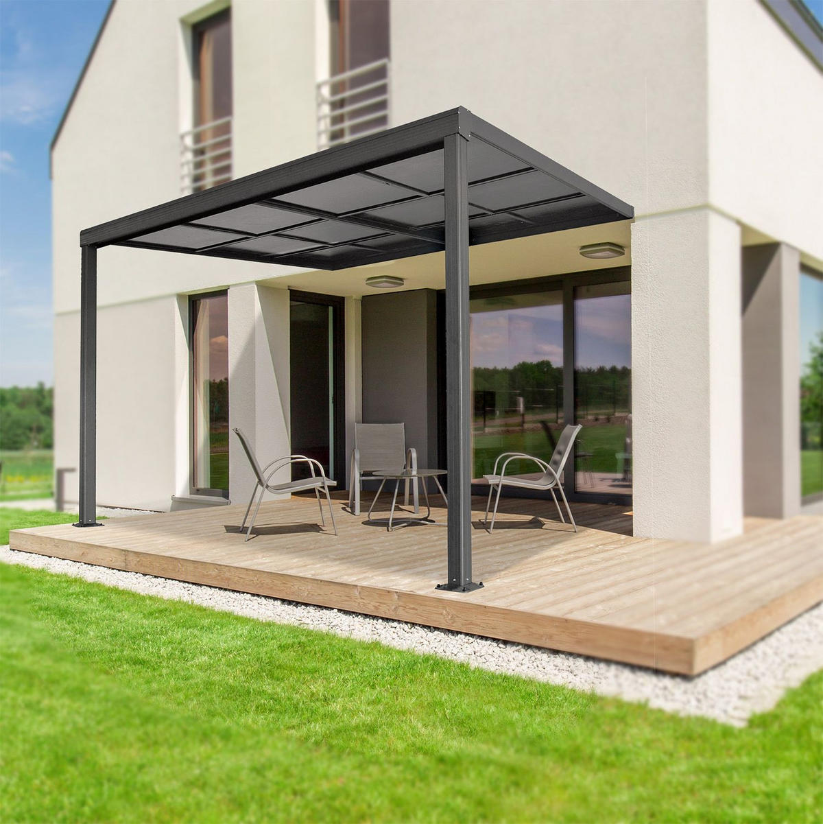 TERRASSENDACH Jakarta 4x3m dunkelgrau mit Polycarbonatplatten - Dunkelgrau, Metall (300/254/400cm) - Juskys