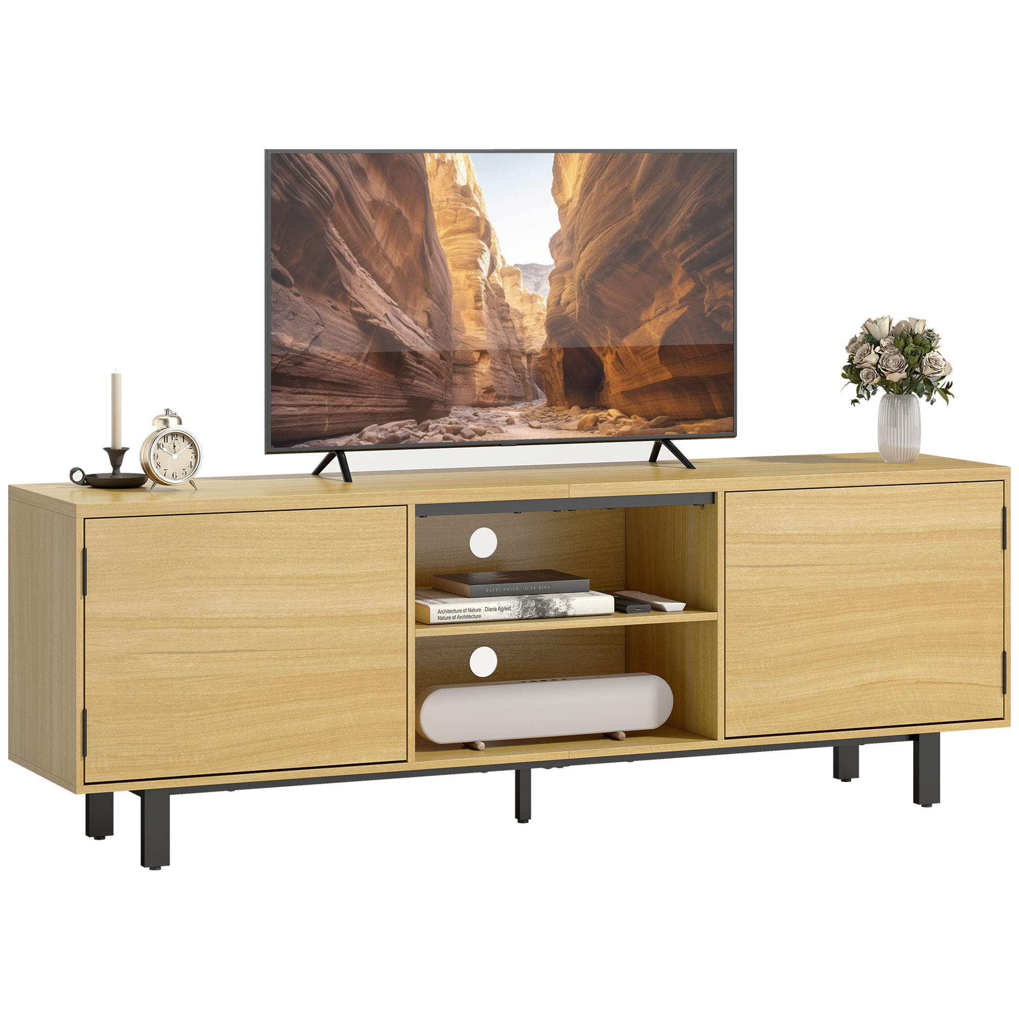TV-LOWBOARD Naturfarben/Schwarz 160/35/55,5 cm, Push-to-Open, 2 Türen - Naturfarben, Holzwerkstoff (160/55.5/35cm) - PANGIVO