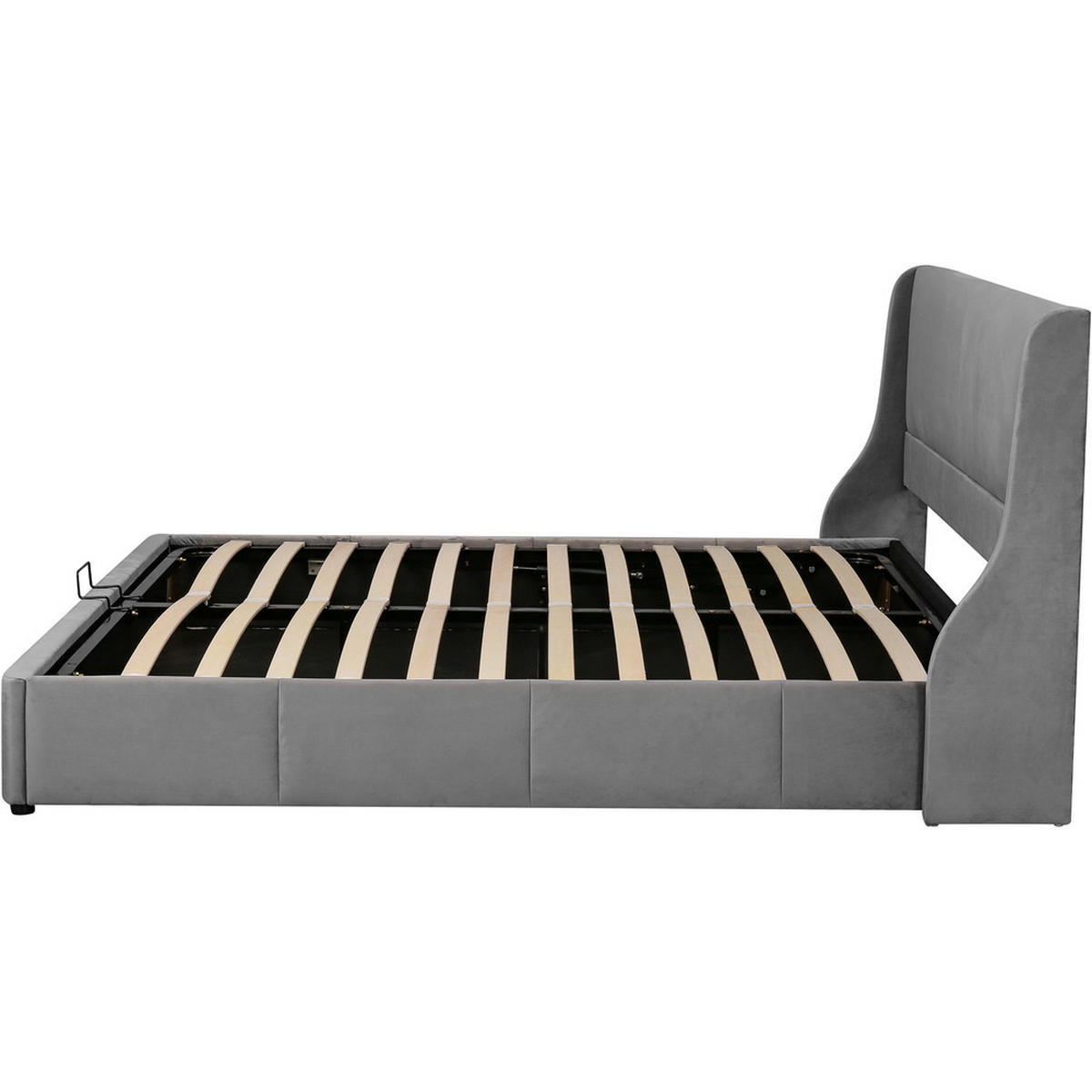 BETT Kissenkopfteil Samt 160x200 Hydraulischer Bettkasten - Grau, Textil - Raelunyi