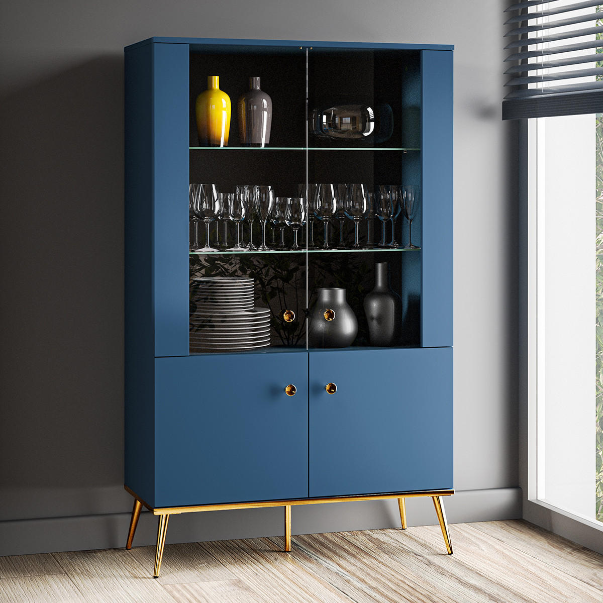 VITRÍNA Thalia Modrá - modrá, kompozitní dřevo (92/152/40cm) - Petits-meubles