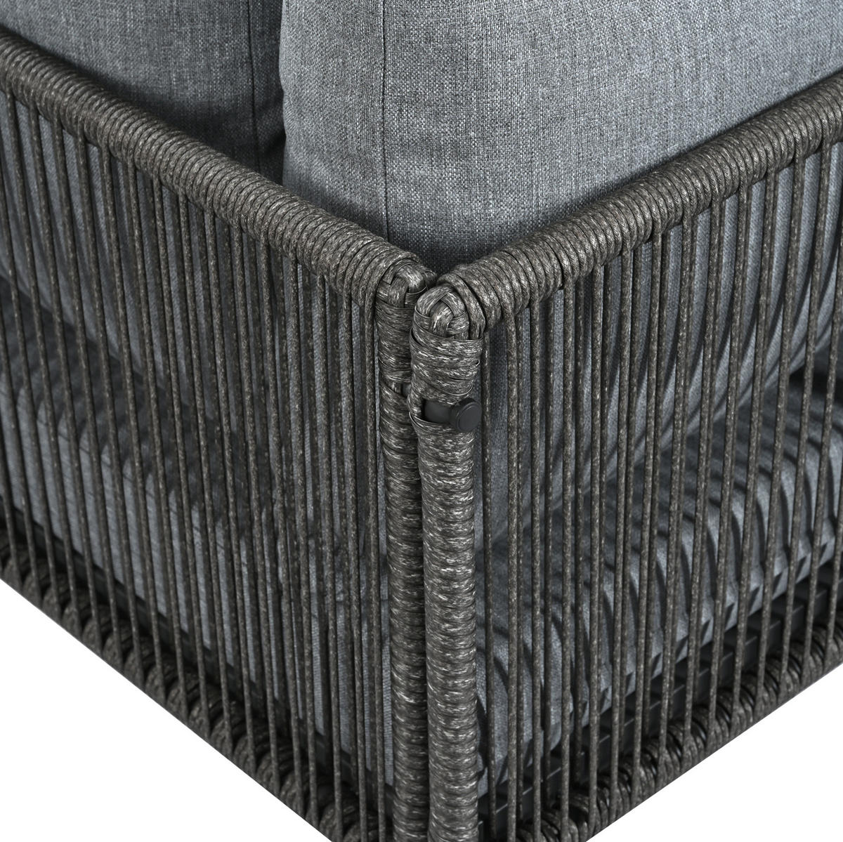 GARTEN-ESSGRUPPE mit Ecksofa, Esstisch, Olefin und handgeflochtener Seilbespannung, Grau - Grau, Metall - Redom