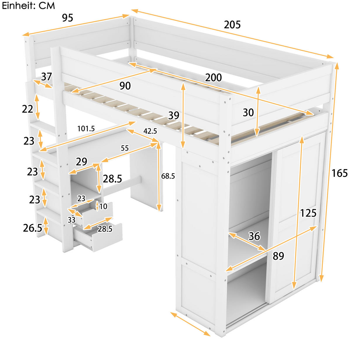 HOCHBETT 90/200 cm mit Kleiderschrank, Schreibtisch und 2 Schubladen aus Kiefern Holzwerkstoff, Weiß - Weiß, Holzwerkstoff (90/200cm) - Redom