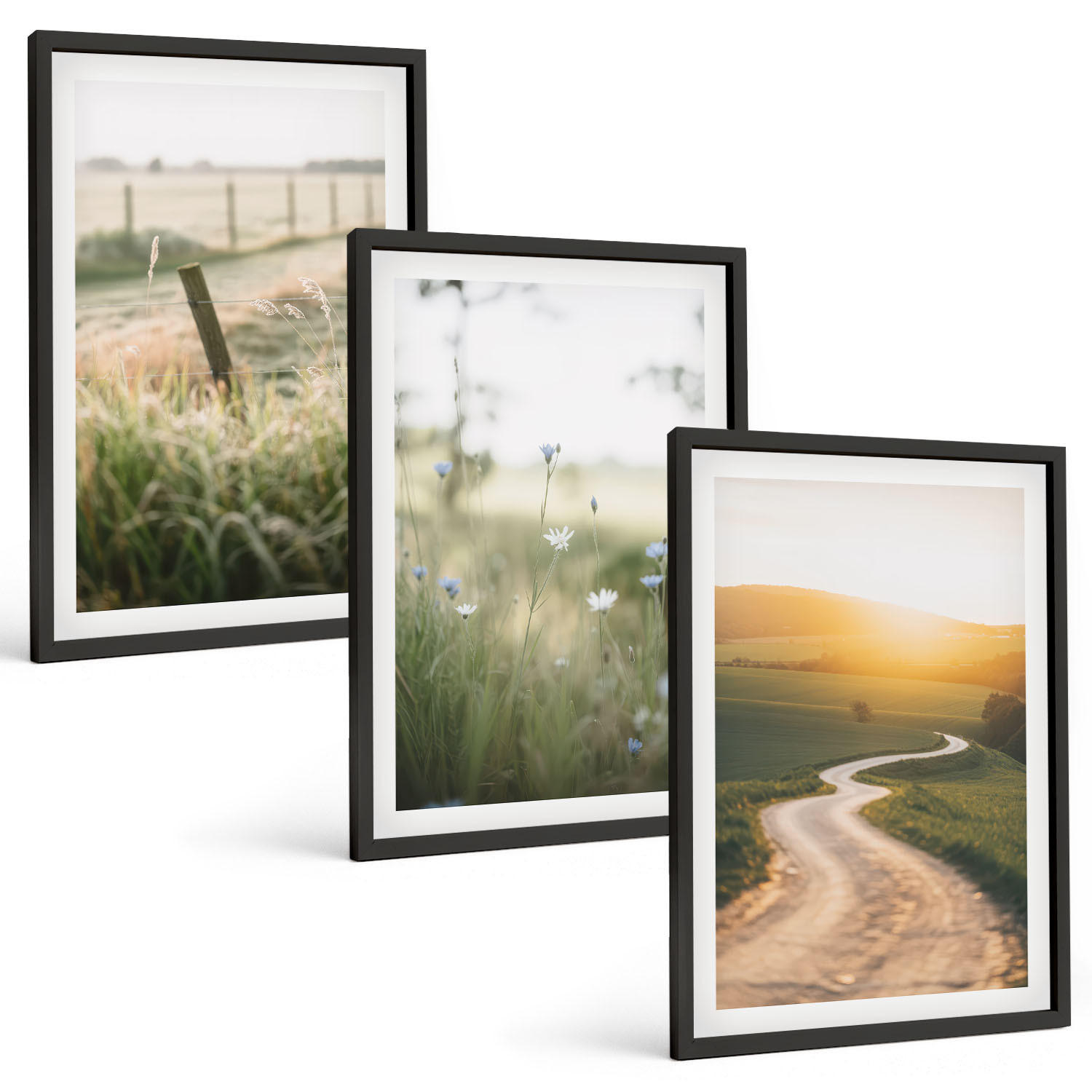 BILDER SET 3er Set - 40x60 cm Schwarzer Rahmen - Landschaftswiesenstraße West - Schwarz, Kunststoff (40/60cm) - TULUP