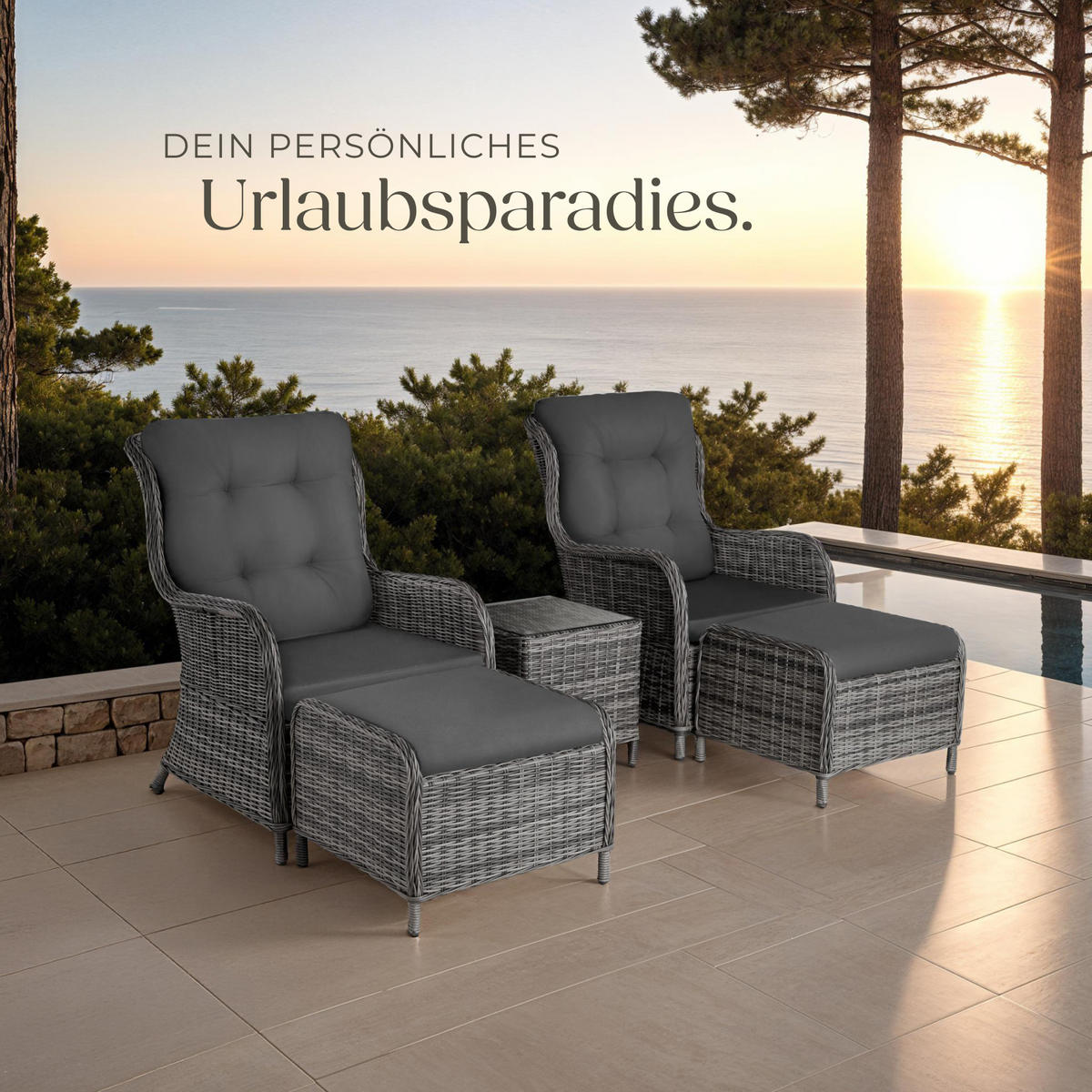 RATTAN SITZGRUPPE Benissa,mit Sicherheitsglasplatte,grau-meliert/grau - Grau, Kunststoff - tectake