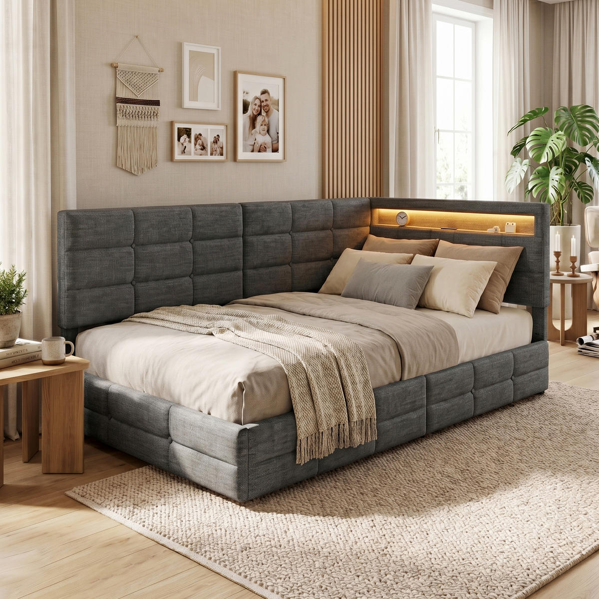 POLSTERBETT Reversibel 90/200 cm mit 2 Schubladen & RGB-LED Leinenoptik Grau - Grau, Textil (90/200cm) - Creahappy