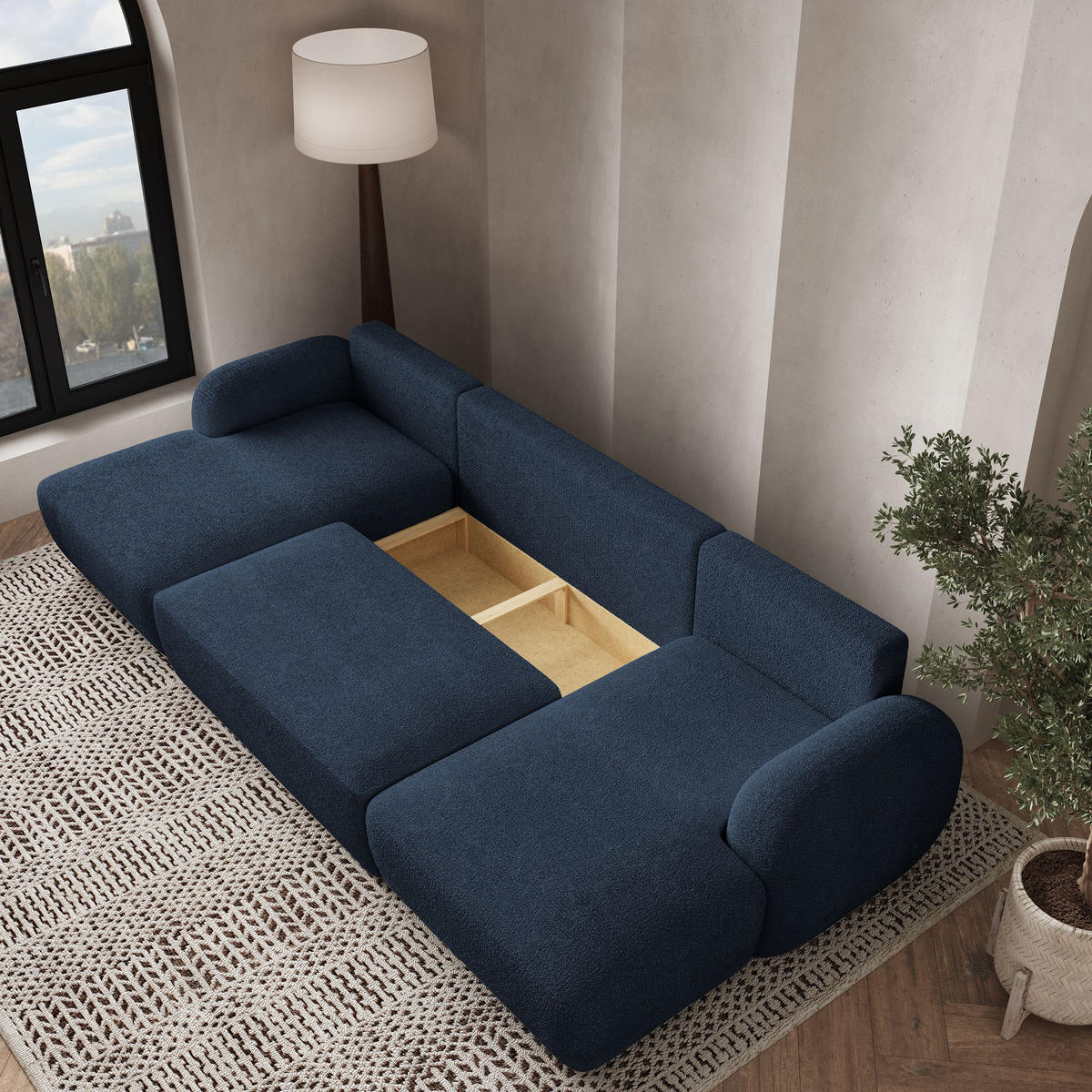 WOHNLANDSCHAFT SAVONA N Blau Boucle-Stoff mit Schlaffunktion - Blau, Holz (320/90/148cm) - MASSENO