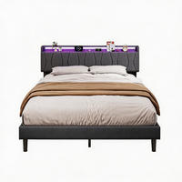 BETT 140x200 mit lattenrost, polsterbett mit USB und LED, leinenstoff, grau - Grau, Holz/Metall (140/200cm) - GENKI LIVING
