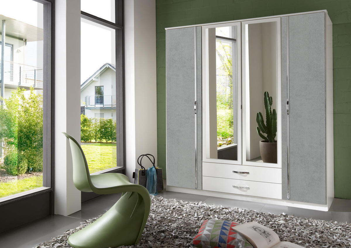 KLEIDERSCHRANK Duo in Weiß mit Beton mit Aufleistungen in Chrom 179x199x58 cm (BxHxT) – Drehtürenschrank 179 cm Breite - Weiß/Grau, Holzwerkstoff (120/200/80cm)