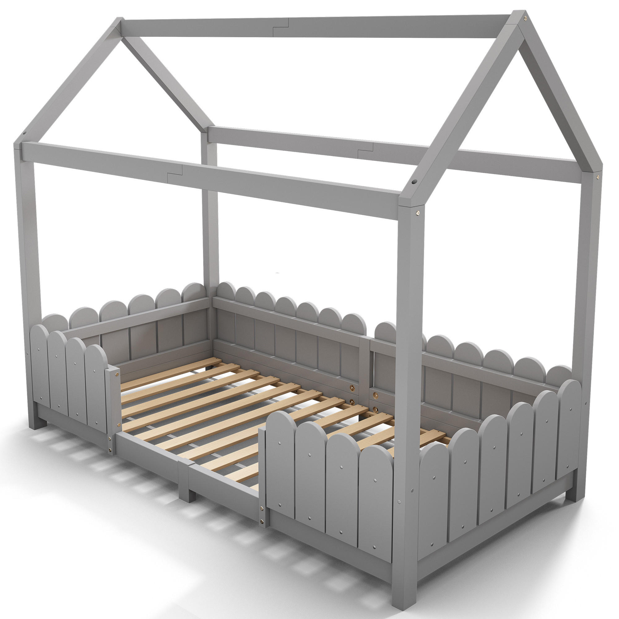 HAUSBETT 90/200 cm DE-03890, mit Rausfallschutz und Lattenrost, in Grau - Grau, Holz/Holzwerkstoff (90/200cm) - ComfortXL