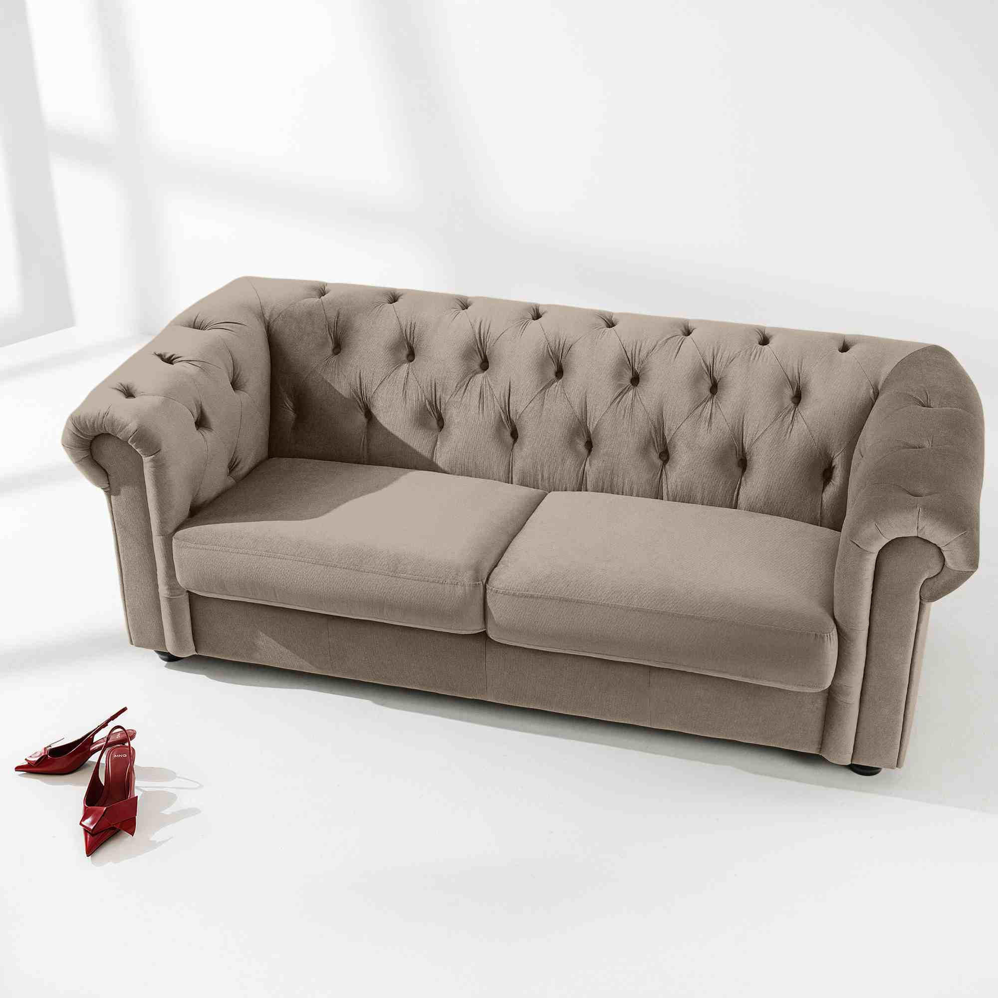 3-SITZER-SOFA GRAVO Chesterfield, Velours - Wengefarben/Beige, Leder/Holz (202/72/95cm) - KONSIMO®