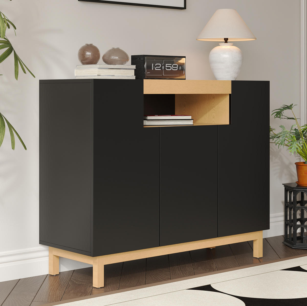 KOMMODE aus Spanplatte 120,5x42x96cm in Schwarz mit 3 Türen - Schwarz, Holzwerkstoff (120.5/96/42cm) - Modfu
