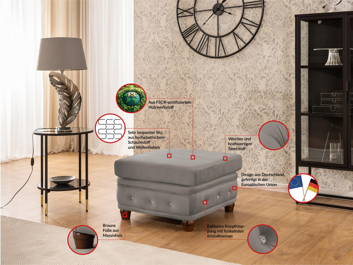 HOCKER Chesterfield Cleo Blink Grau Samt mit Kristallsteppung und braunen Massivholzfüßen - Braun/Grau, Holz/Textil (75/45/70cm) - S-Style Möbel