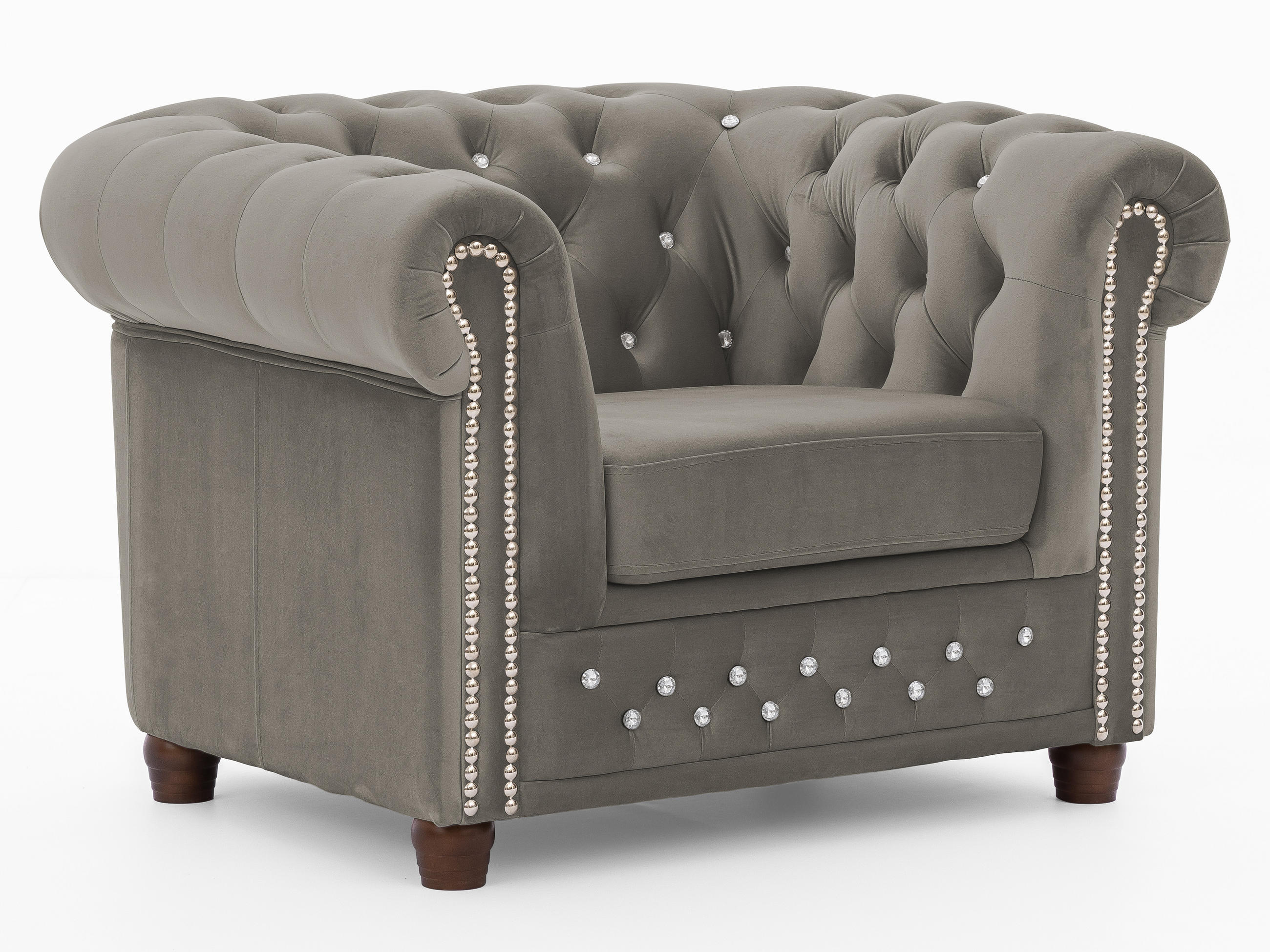 CHESTERFIELD-SESSEL Cleo Blink Grau Samt mit Kristallsteppung und braunen Massivholzfüßen - Beige/Braun, Holz/Textil (104/72/86cm) - S-Style Möbel