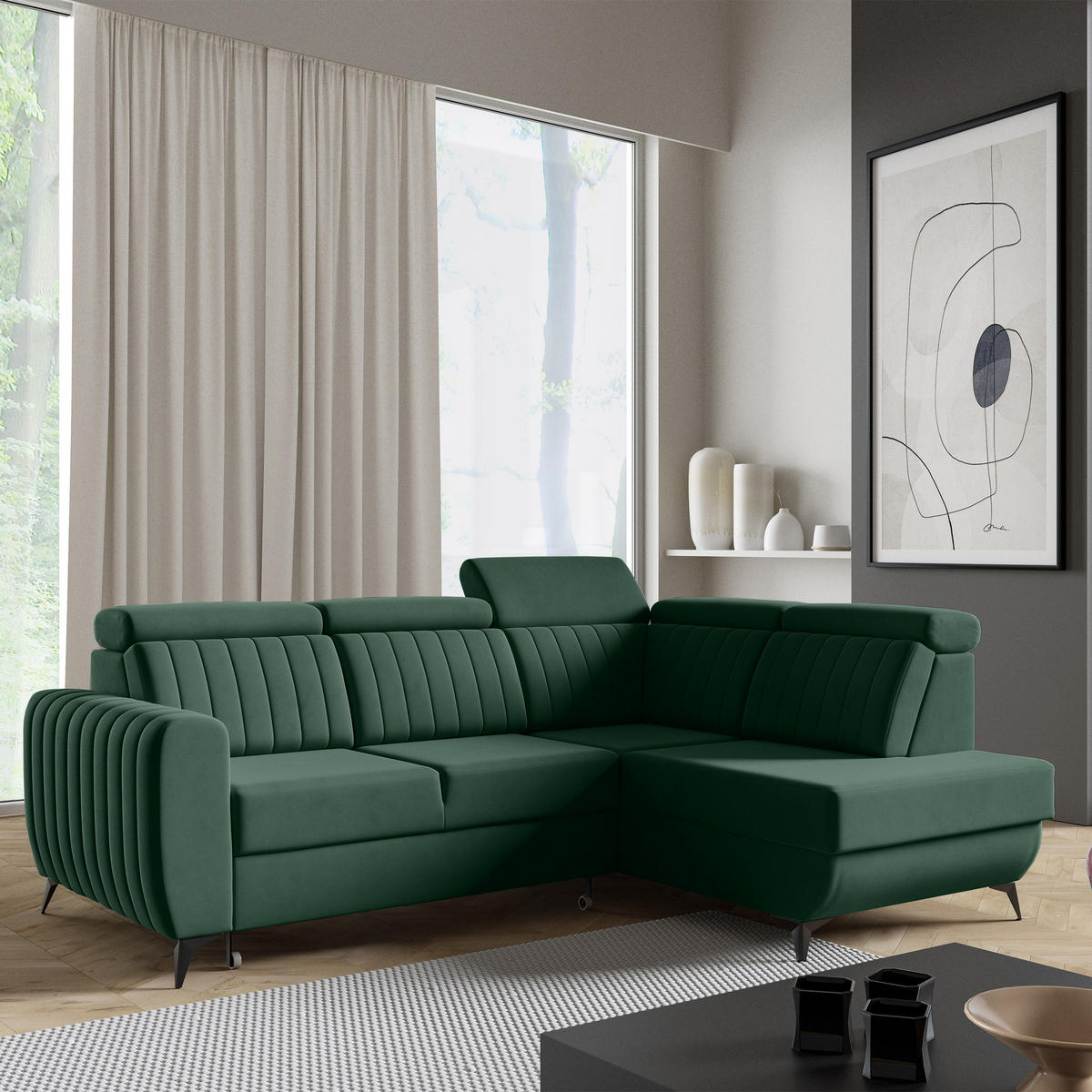 ECKSCHLAFSOFA Connor II verstellbare Kopfstützen, Dunkelgrün, rechts - Dunkelgrün/Schwarz, Textil (268/204cm) - Beautysofa
